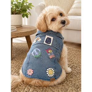 Justice Distress Denim Jacket For Pets W/Peace Sign, Love Decals Size S 13"